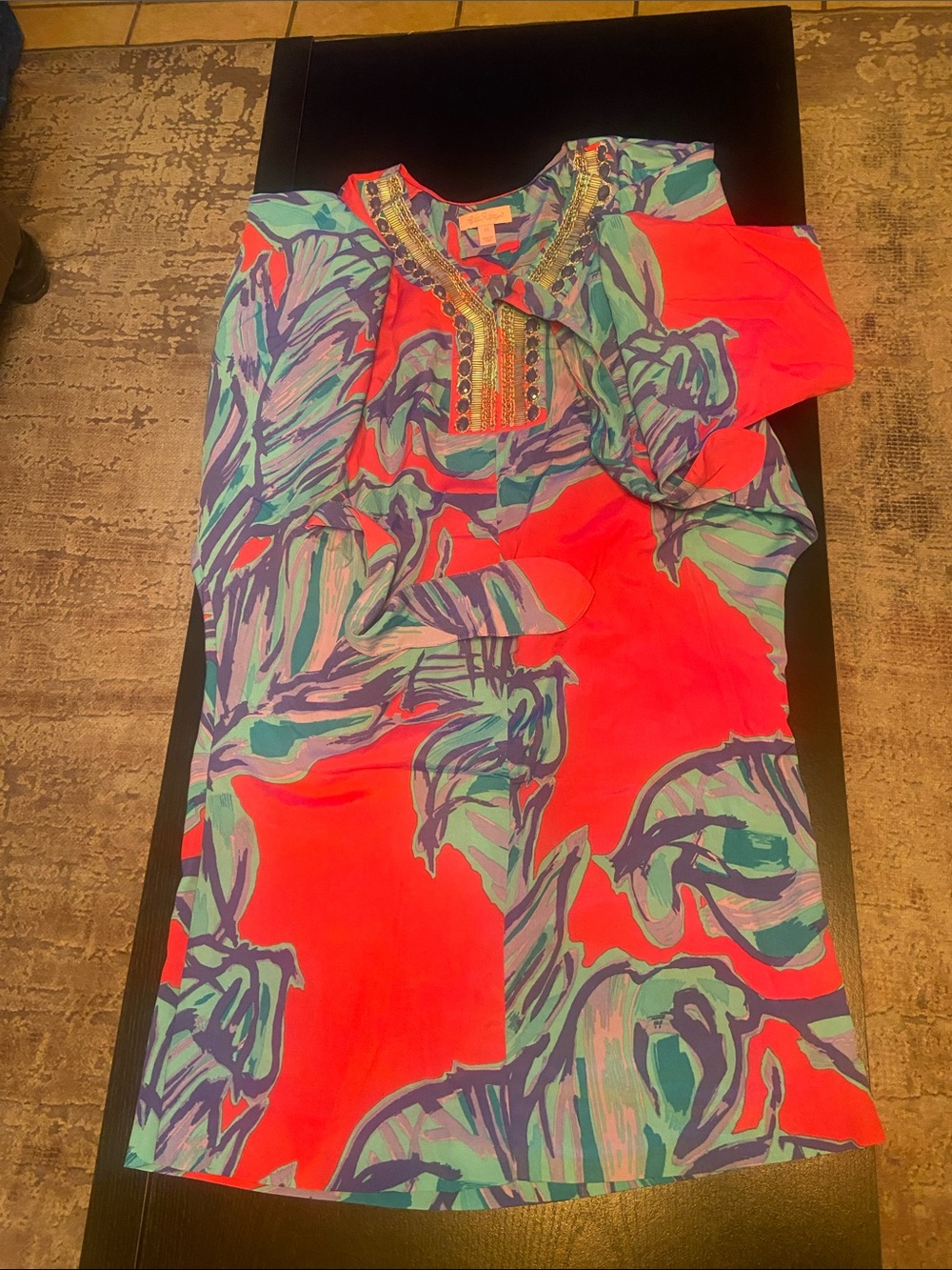 Women’s Bright Coral Floral Print Tunic Dress with Embellished Neckline